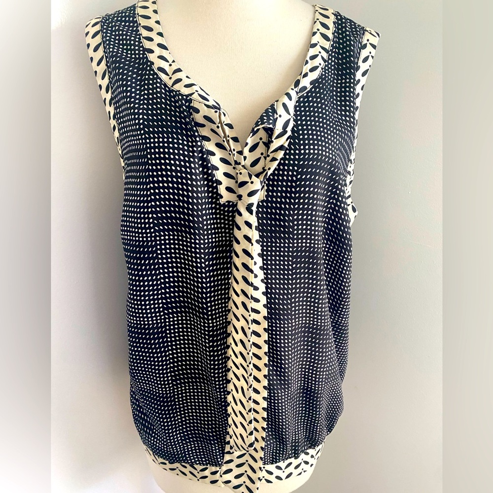 NY COLLECTION Black/Cream Stylish Tie-neck Women's Top Size L - EUC